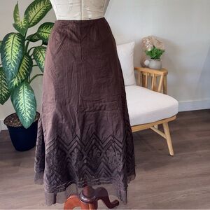 Nine West Boho A-Lined 100% Cotton Brown Embroidered Geometric Long Skirt Sz 2